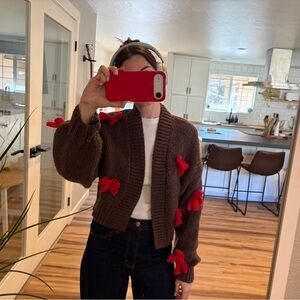 Anthropologie Brown Cardigan with Red Bow Accents